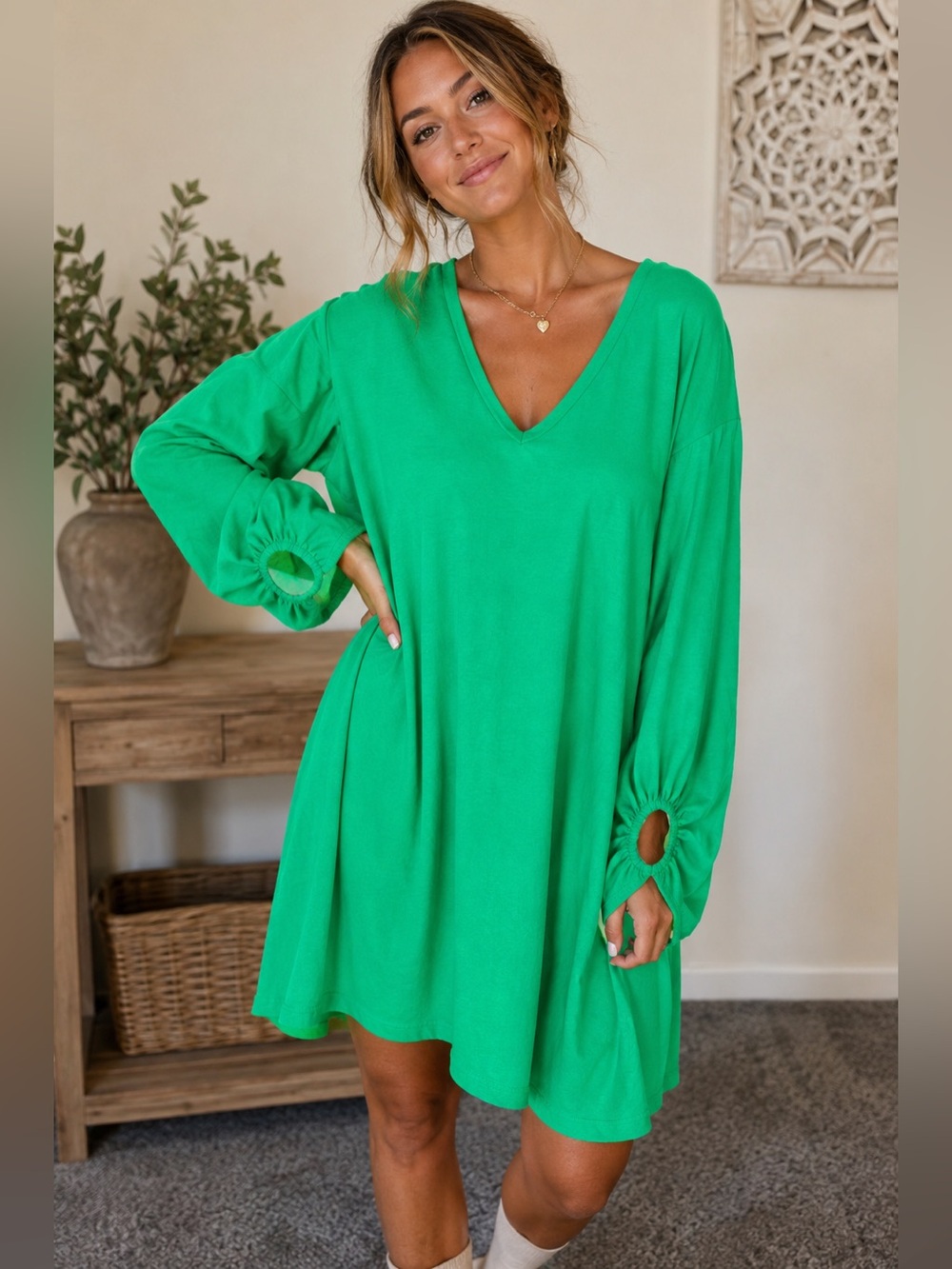 Kelly Green dress long sleeve women’s size XL High low midi